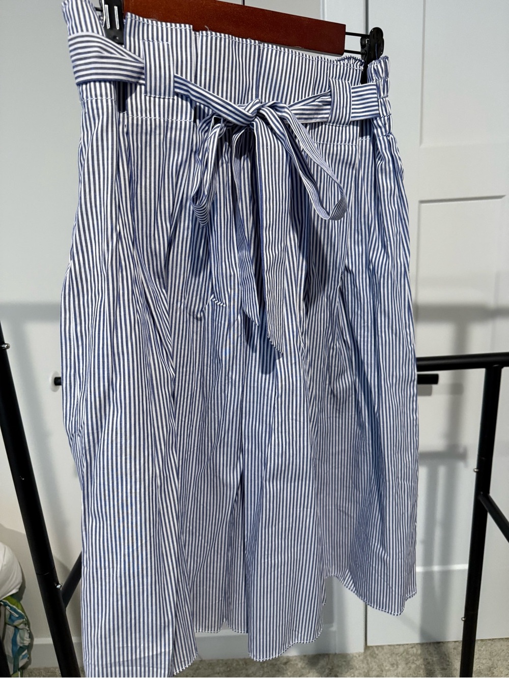 Max Studio Blue and White Striped Paperbag Midi Skirt with Tie